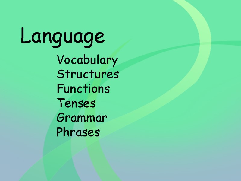 Language   Vocabulary Structures Functions Tenses Grammar Phrases